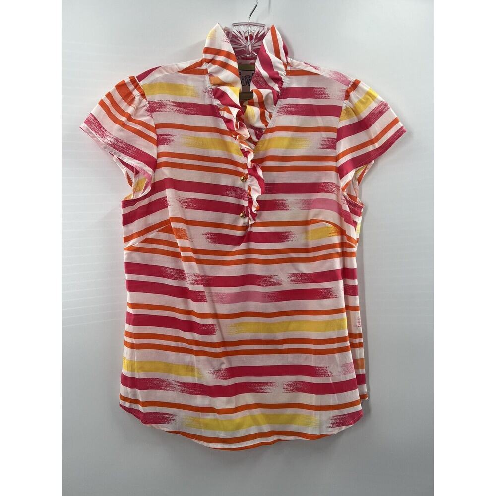 Elizabeth Mckay Women’s Silk Blend Cap Sleeve 2 Button Striped Popover Size 6
